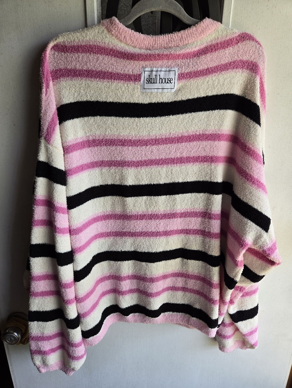 Skull House Pink Striped V-Neck 'HOUSE' Graphic Sweater - Picture 6 of 6